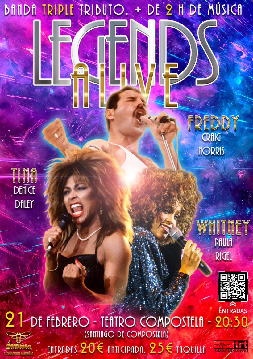 Imagen promocional del espectáculo Legends Alive, triple tributo a Queen, Tina Turner y Whitney Houston