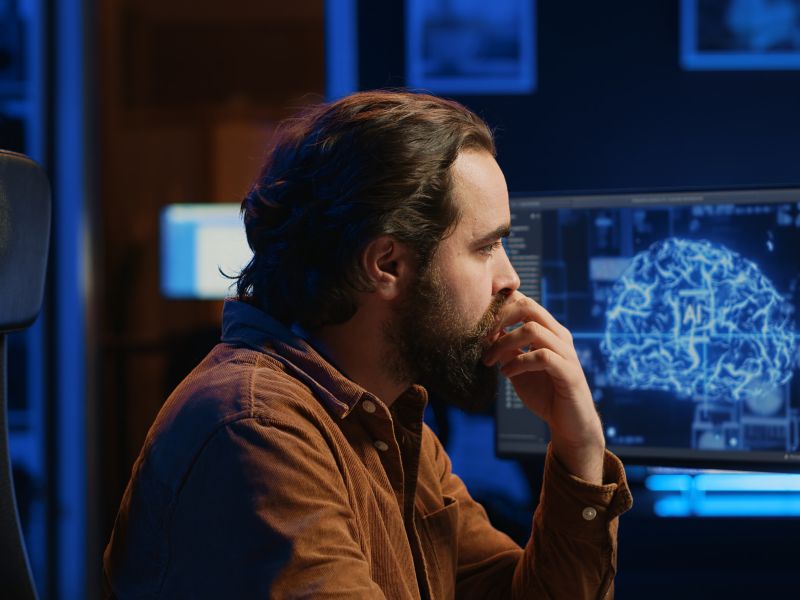 Programador usando computadora para actualizar las redes neuronales de ia bebiendo cafe