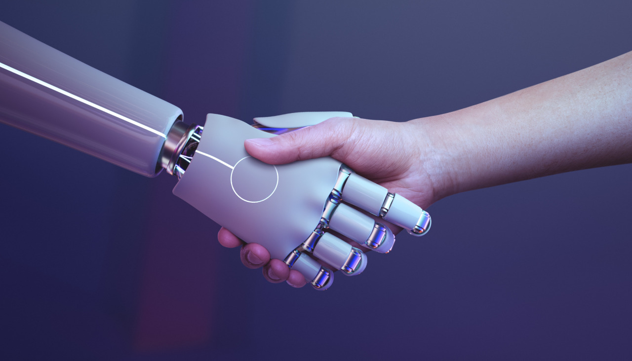 Fondo humano de apreton de manos de robot era digital futurista