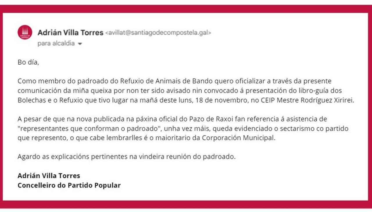 A carta do concelleiro ao Goberno local