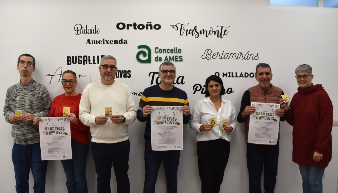 Representantes do Concello de Ames e da Asociación Fonte da Virxe durante a presentación da programación da Gran Festa de Reis 2026