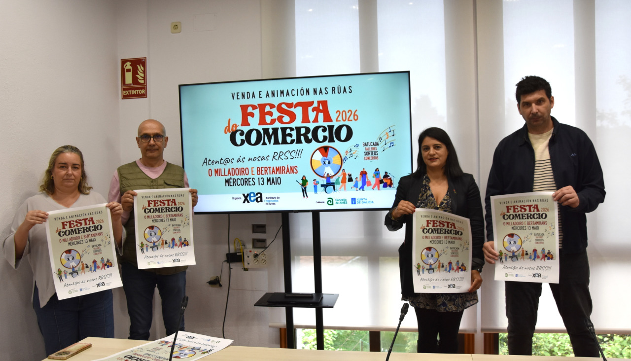A presentación da Festa do Comercio 2026 reuniu no salón de plenos da Casa do Concello de Ames a representantes institucionais e de XEA