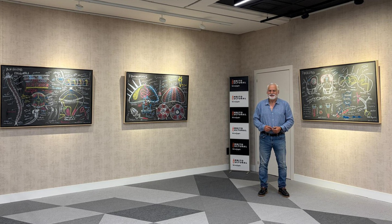 Fernando Cobo en su exposición Pizarra y tizas
