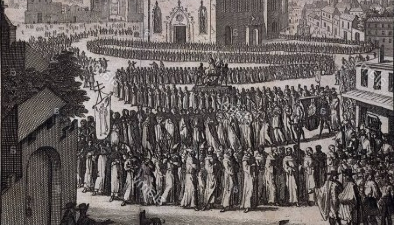 Multitud de caminantes a su llegada a Compostela, tal como se ilustró en 'Las delicias de España y Portugal' en 1707